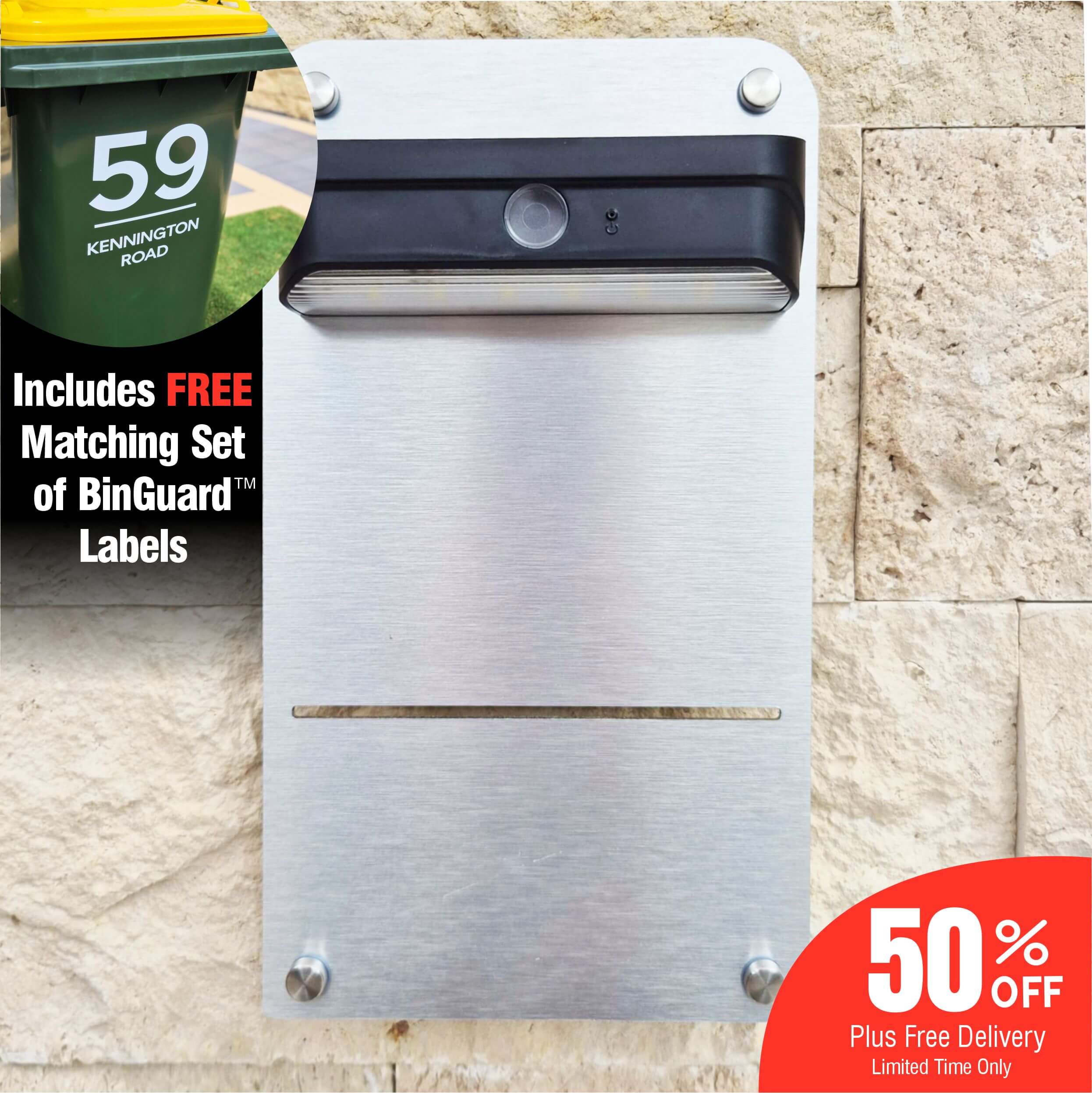 Facelit Solar House Plaque + Free BinGuard